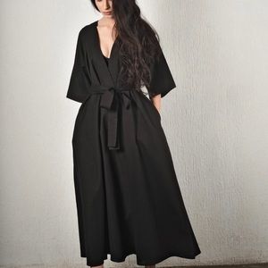 Black midi cotton/linen full wrap dress NWT Turn Black